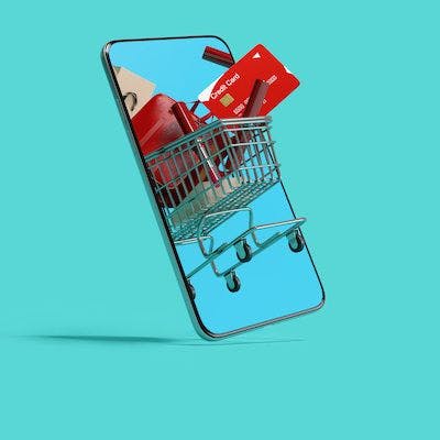 Picture of shopping cart coming out of a mobile phone